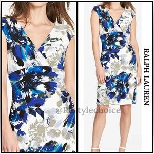 RALPH LAUREN FLOURISH BLUE, TAN & WHITE PULL UP JERSEY DRESS